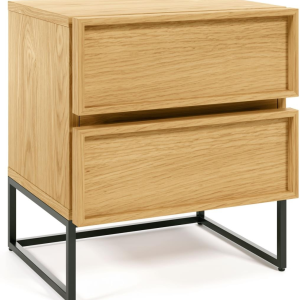 Sengebord Kave Home Taiana naturfinér med 2 skuffer og pulverlakerede metalben H51ÃB42ÃL45 cm